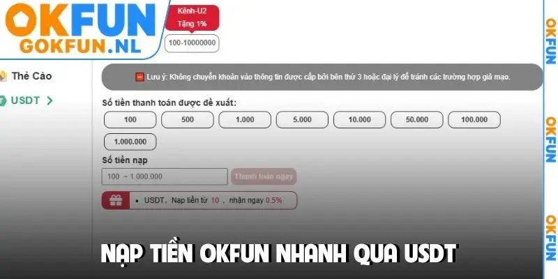 Nạp tiền OKFUN nhanh qua USDT